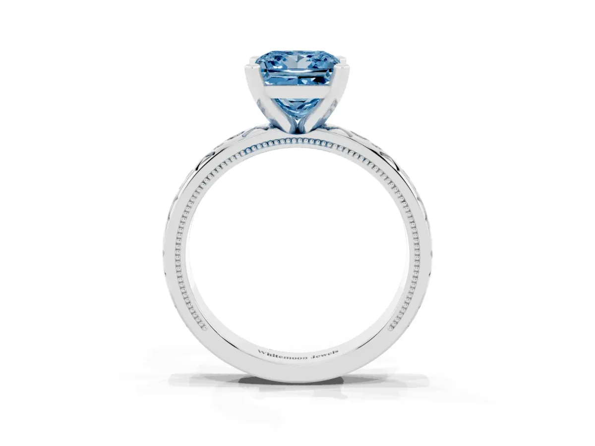 Fancy Blue Princess Cut Solitaire Engagement Ring with Scrollwork Band and Four-Prong Setting Silver