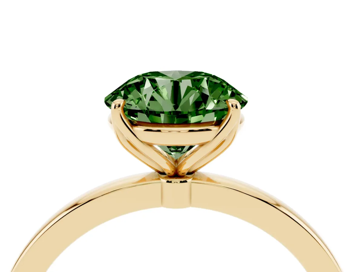 Fancy Green Round Cut Diamond Solitaire Ring with Thin Band and Prong Setting Yellow gold