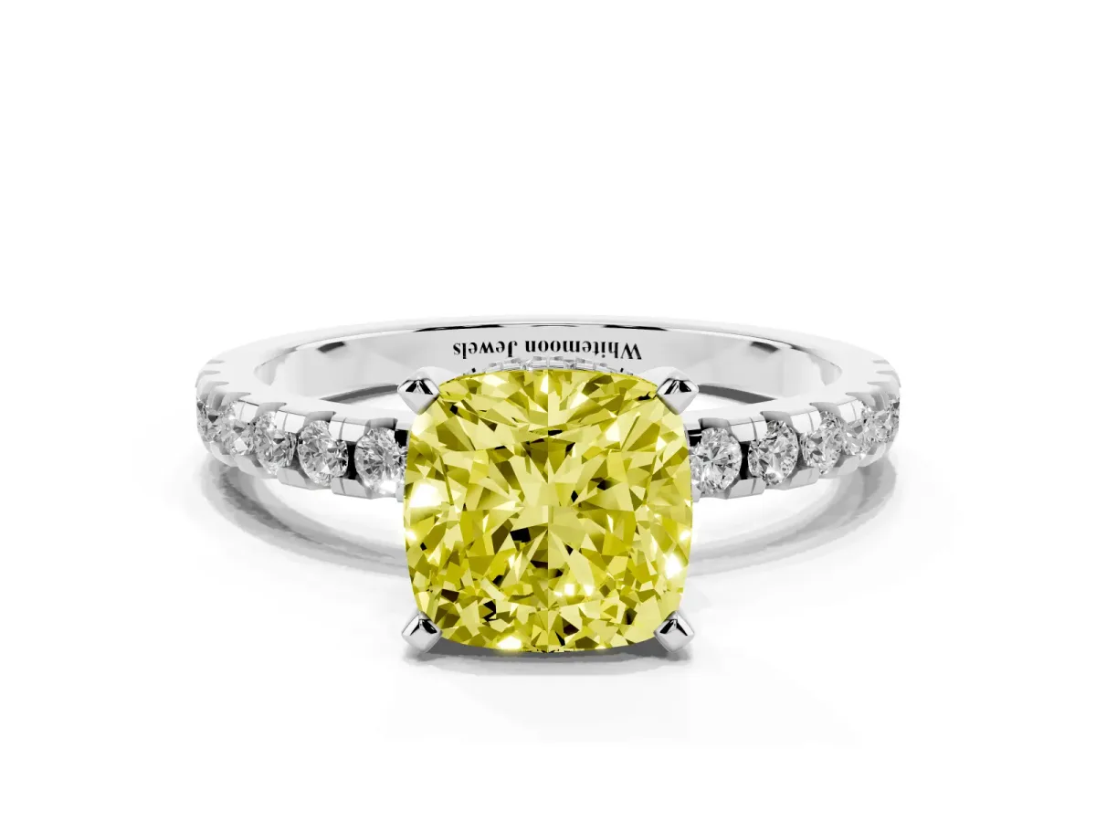 Fancy Yellow Cushion Cut Diamond Solitaire Ring with Round Pavé Band and Four-Prong Setting Silver