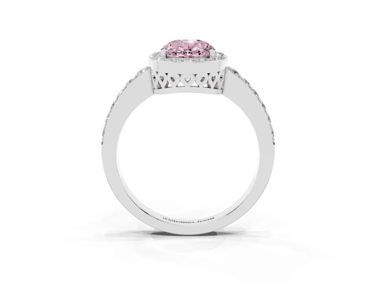Fancy Pink Oval Cut Halo Diamond Pavé Band Ring with Prong Setting Silver