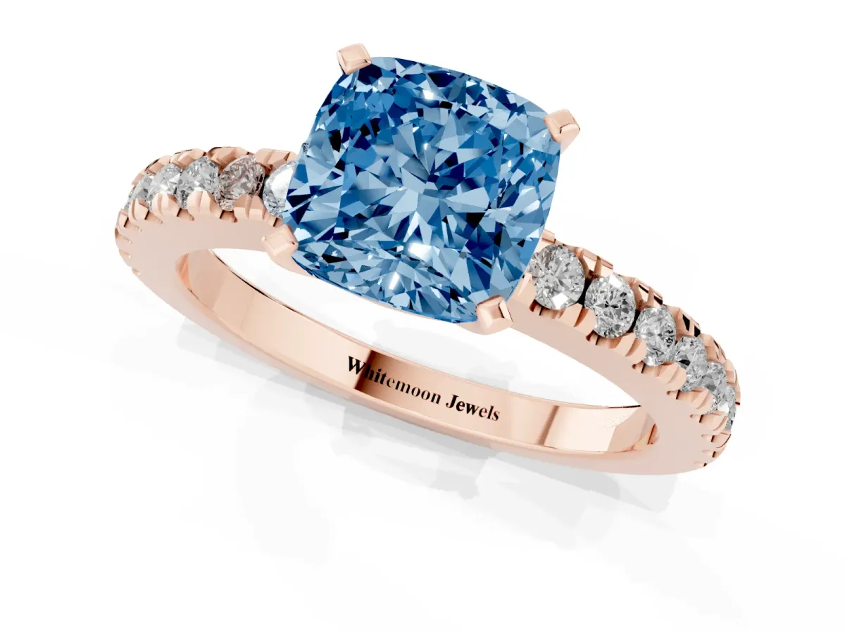 Fancy Blue Cushion Cut Solitaire Diamond with Pavé Band and Four-Prong Setting Rose gold