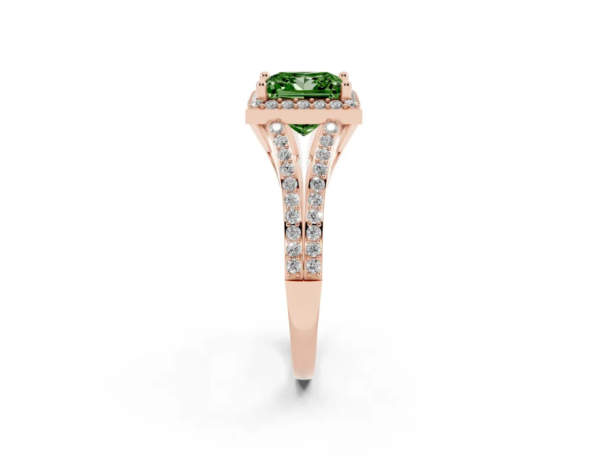 Fancy Green Princess Cut Halo Split Shank Pave Diamond Ring with Four-Prong Setting Rose gold