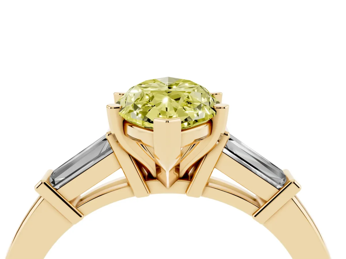 Fancy Yellow Marquise Cut Cut Diamond Solitaire Ring with Tapered Baguette Accents and Four-Prong Setting Yellow gold