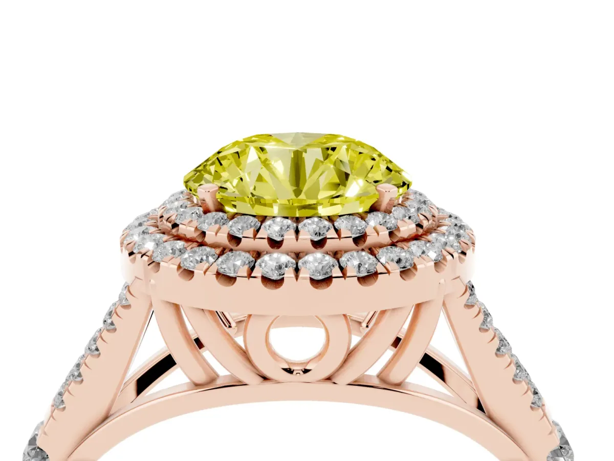 Fancy Yellow Double Halo Round Cut Diamond Split Shank Engagement Ring with Four-Prong Setting Rose gold