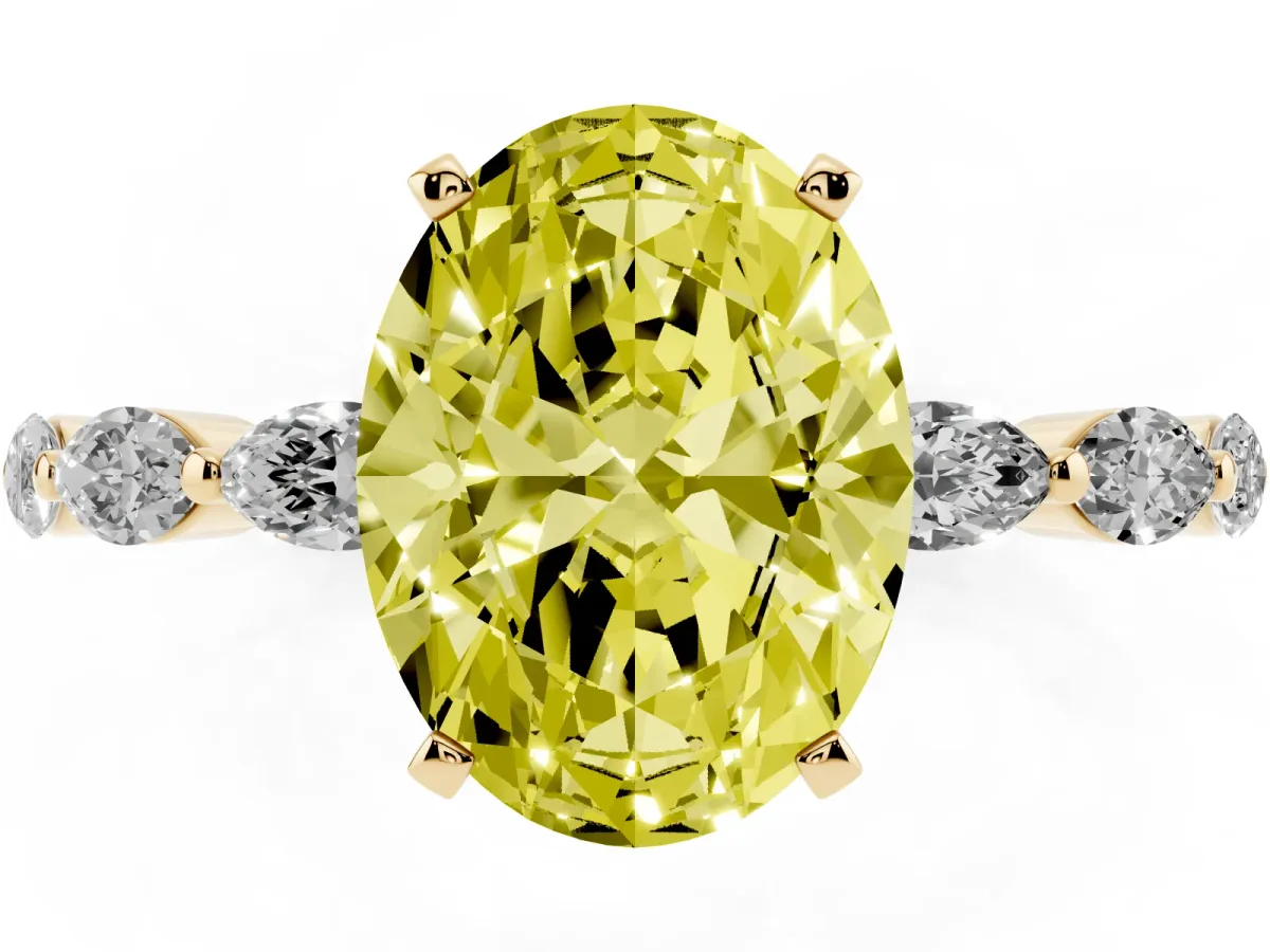 Fancy Yellow Oval Cut Diamond Ring with Marquise Side Stones and Prong Setting Yellow gold