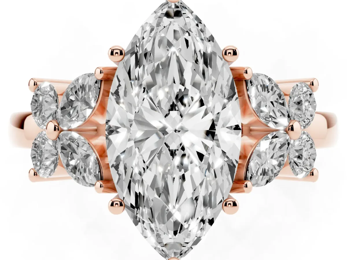 Marquise Cut Diamond Floral Cluster Ring with Solitaire Band and Prong Setting Rose gold