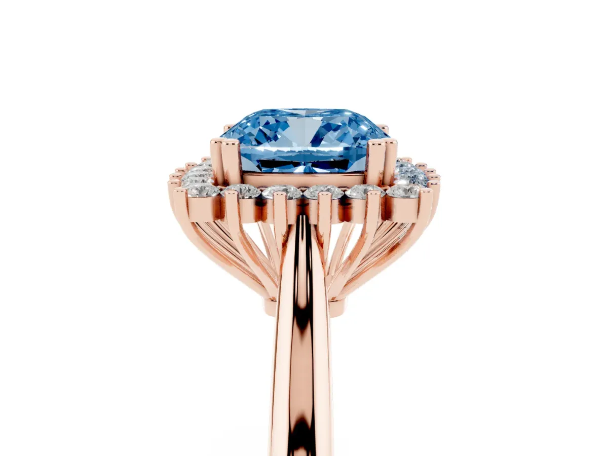 Fancy Blue Cushion Cut Cut Diamond Halo Ring with Solitaire Band and Prong Setting Rose gold