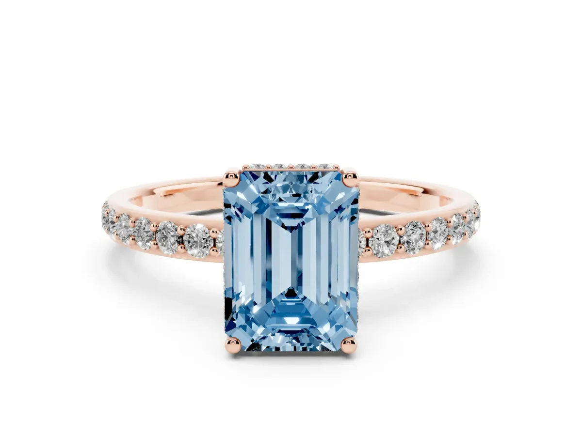 Fancy Blue Emerald Cut Diamond Solitaire Ring with Pavé Band and Hidden Halo Rose gold