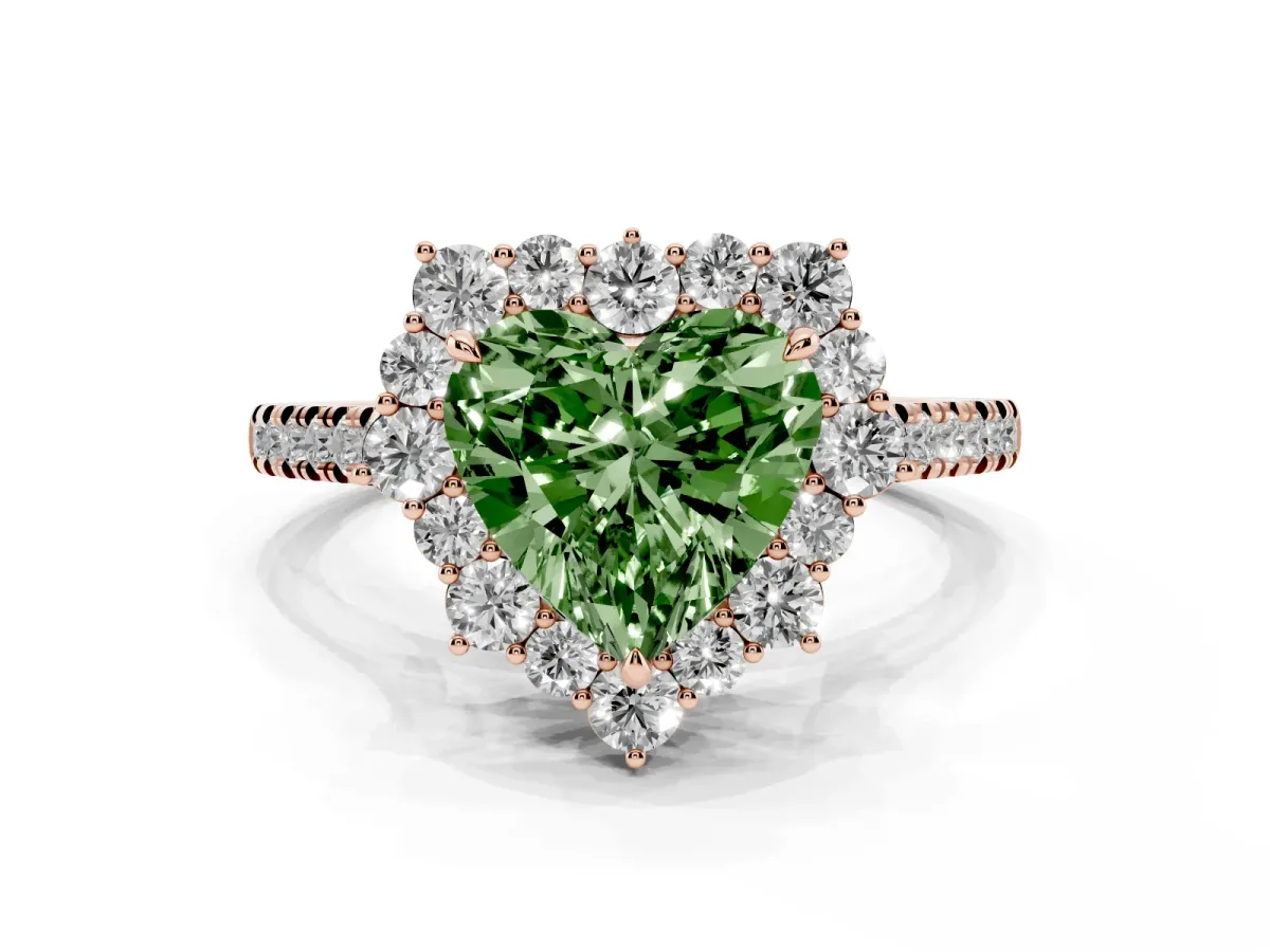 Fancy Green Heart Cut Halo Diamond Ring with Pavé Band and Prong Setting Rose gold