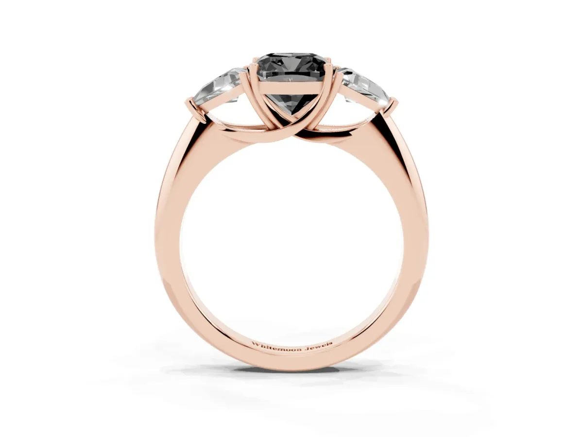 Fancy Black Three-Stone Cushion Cut Diamond Engagement Ring with Trillion Side Stones and Prong Setting Rose gold