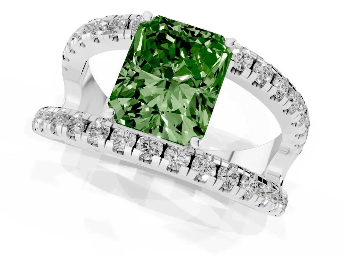 Fancy Green Radiant Cut Solitaire Split Shank Pave Diamond Ring Platinum