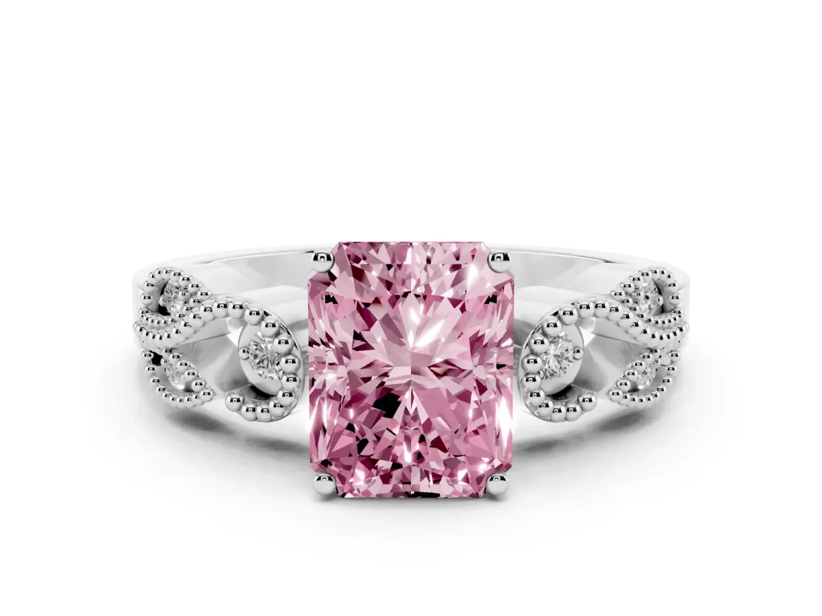 Fancy Pink Princess Cut Solitaire Milgrain Leaf Band with Prong Setting Silver
