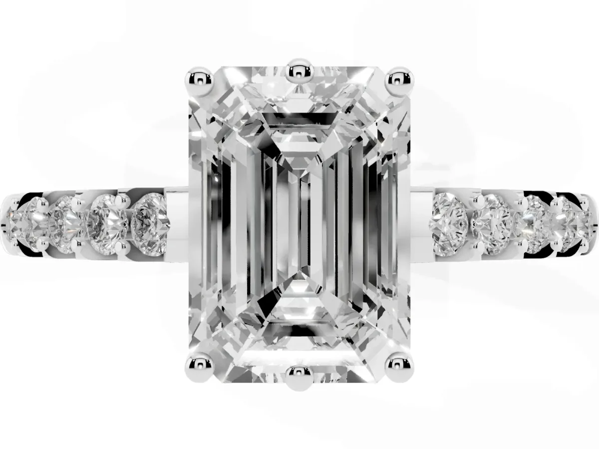 Emerald Cut Solitaire Diamond Engagement Ring with Pavé Band and Six-Prong Setting White gold