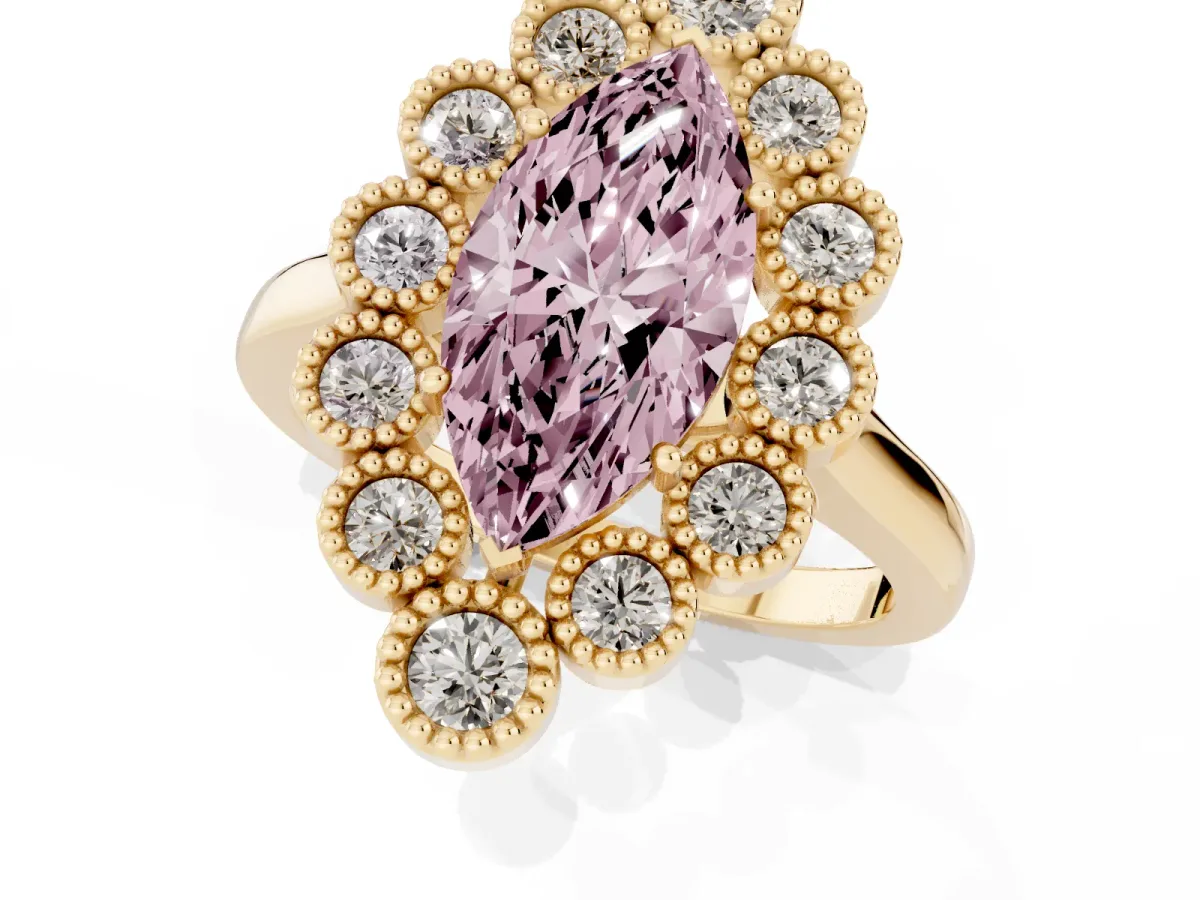 Fancy Pink Marquise Cut Halo Diamond Cluster Engagement Ring with Milgrain Bezel Setting and Solitaire Band Yellow gold