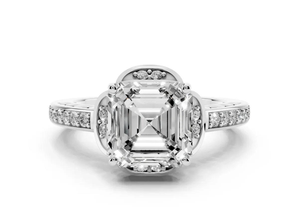 Asscher Cut Cut Halo Diamond Ring with Channel Set Band and Four-Prong Setting White gold