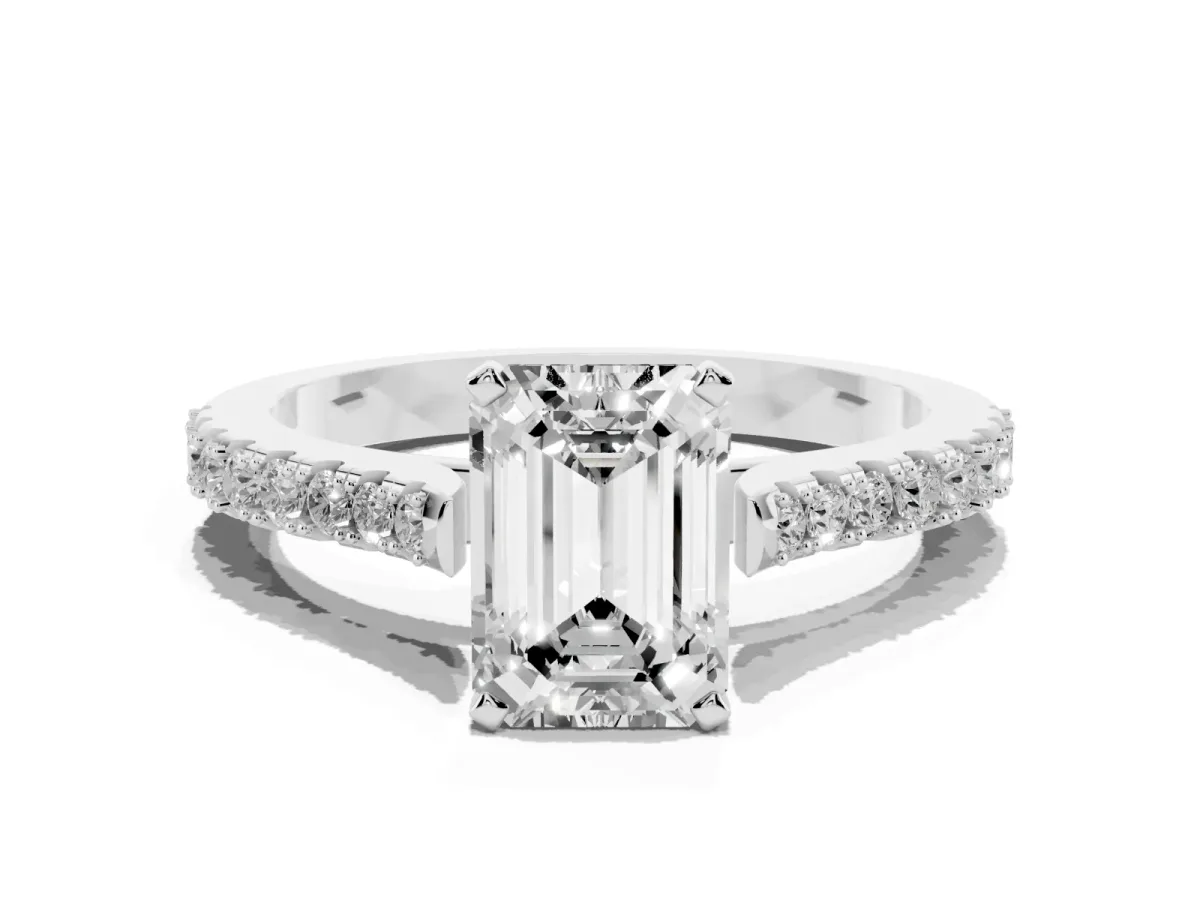 Emerald Cut Cut Solitaire Diamond Engagement Ring with Pave Band and Four-Prong Setting White gold