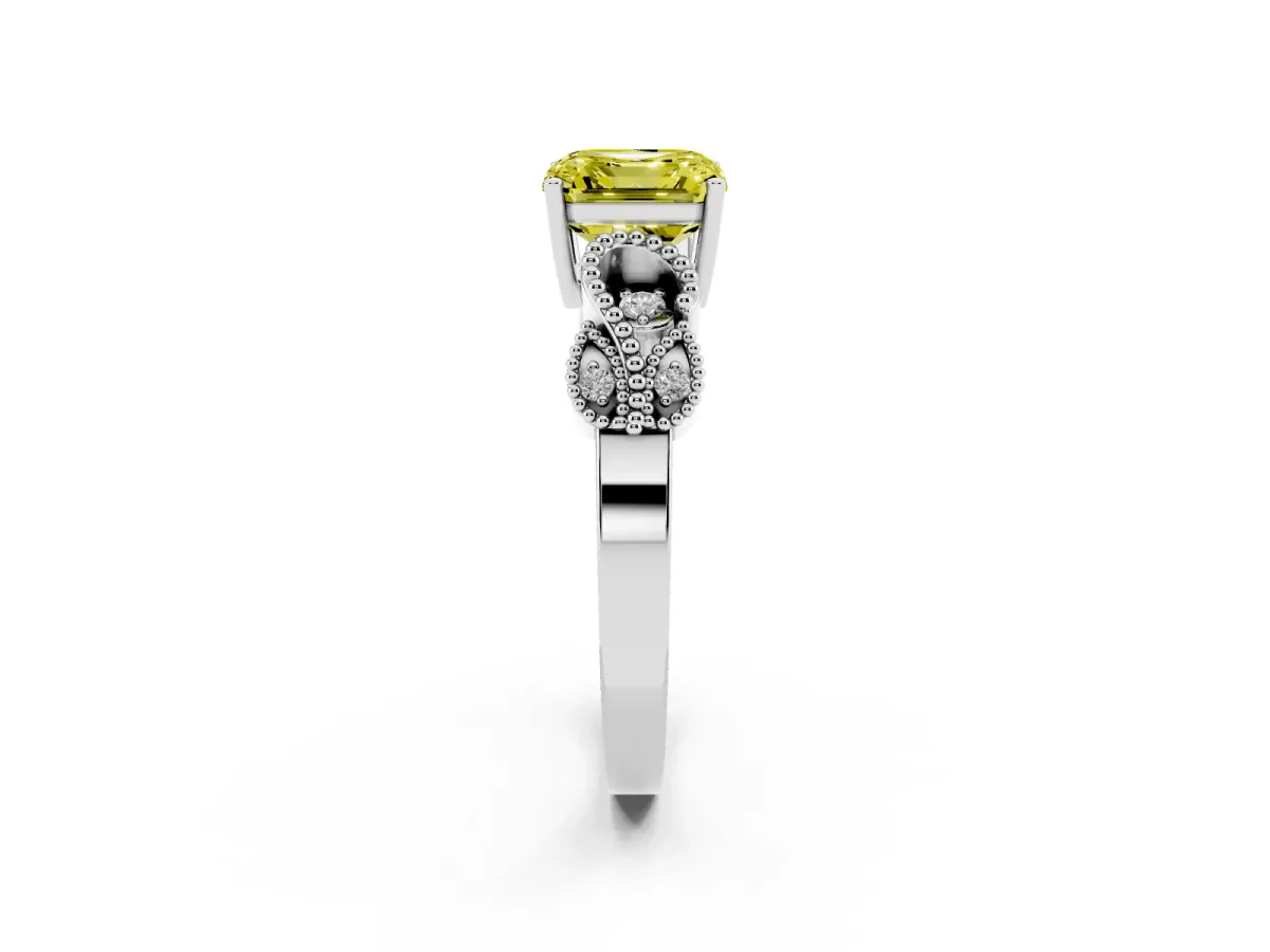 Fancy Yellow Asscher Cut Solitaire Milgrain Leaf Band with Prong Setting Silver