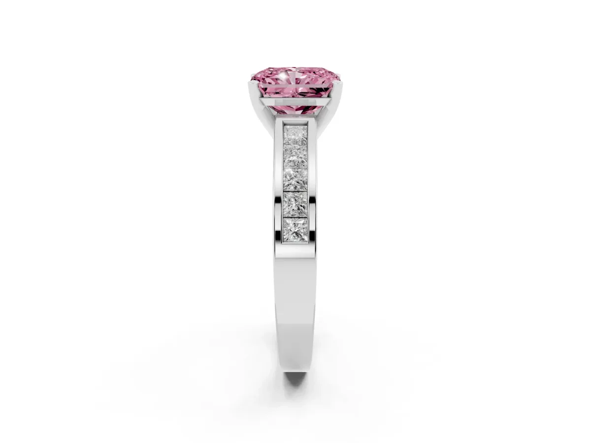 Fancy Pink Radiant Cut Solitaire Diamond Ring with Channel-Set Band and Four-Prong Setting Silver