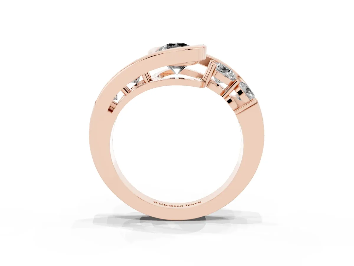 Fancy Black Bezel Set Pear Cut Diamond Bypass Ring with Round Accents Rose gold