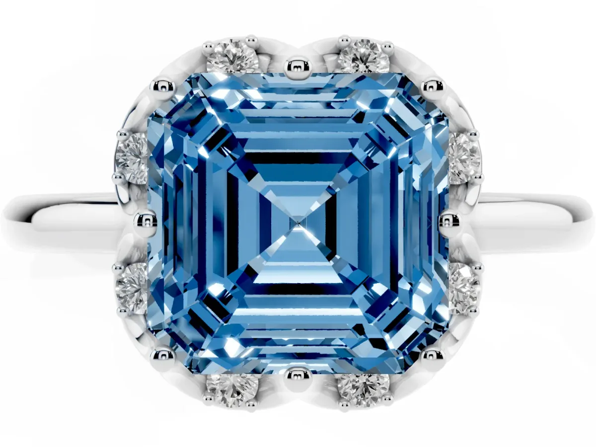 Fancy Blue Asscher Cut Halo Diamond Ring with Round Cluster Setting, Solitaire Band, and Four-Prong Setting Silver