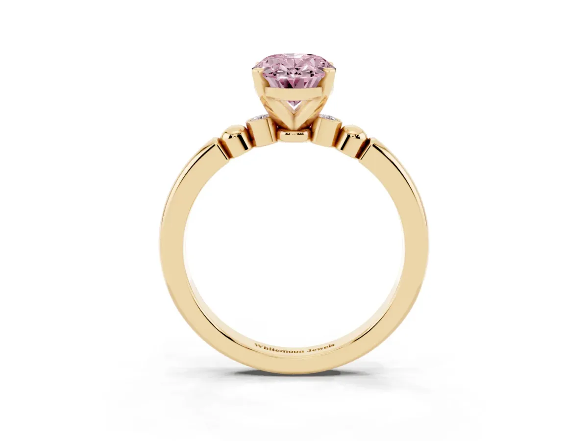Fancy Pink Oval Cut Solitaire Beaded Band with Four-Prong Setting Yellow gold