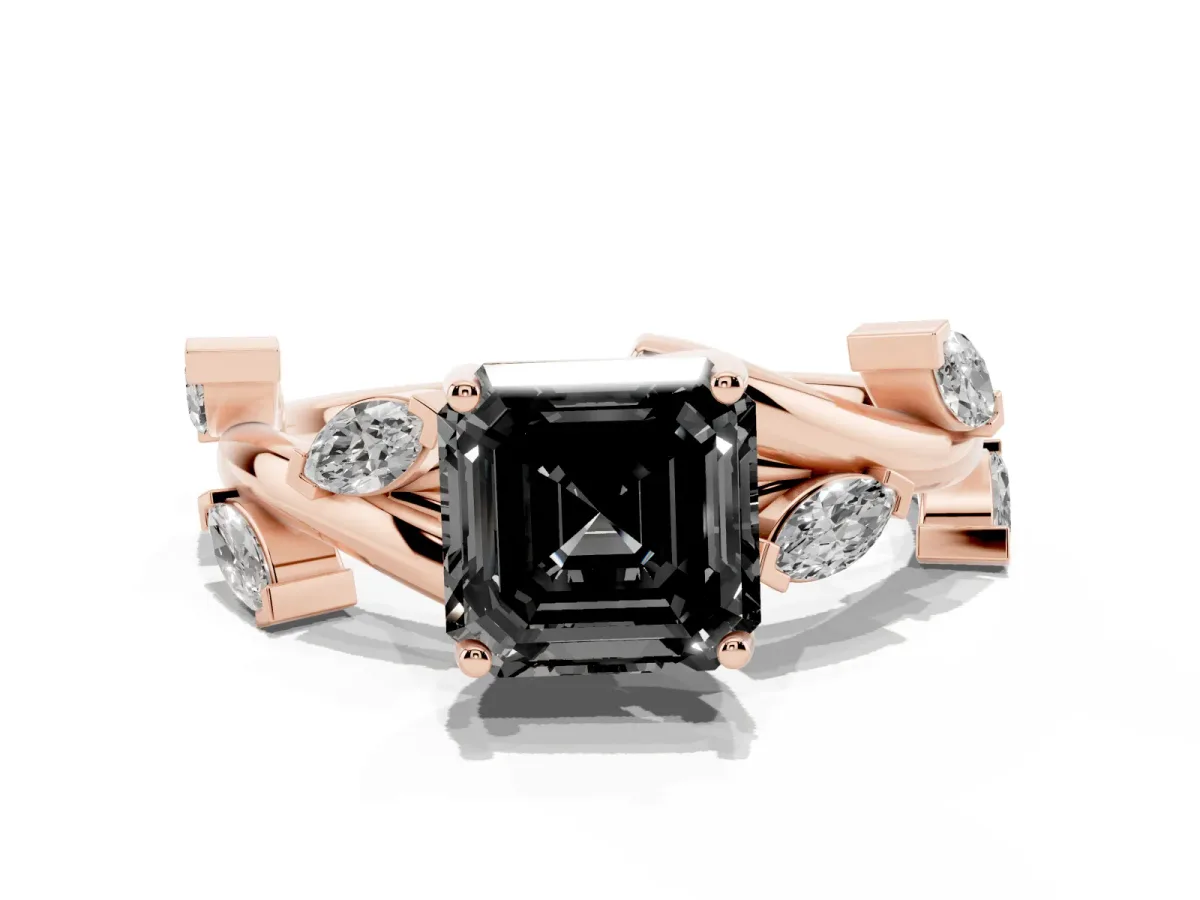 Fancy Black Asscher Cut Solitaire Twisted Band Marquise Accent Prong Setting Ring Rose gold