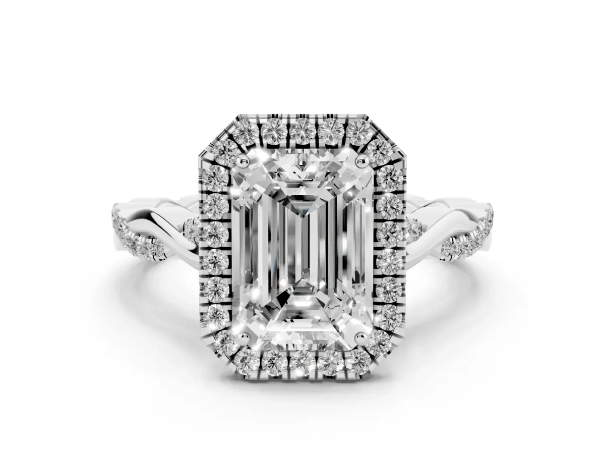 Emerald Cut Halo Twist Band Solitaire Ring Silver