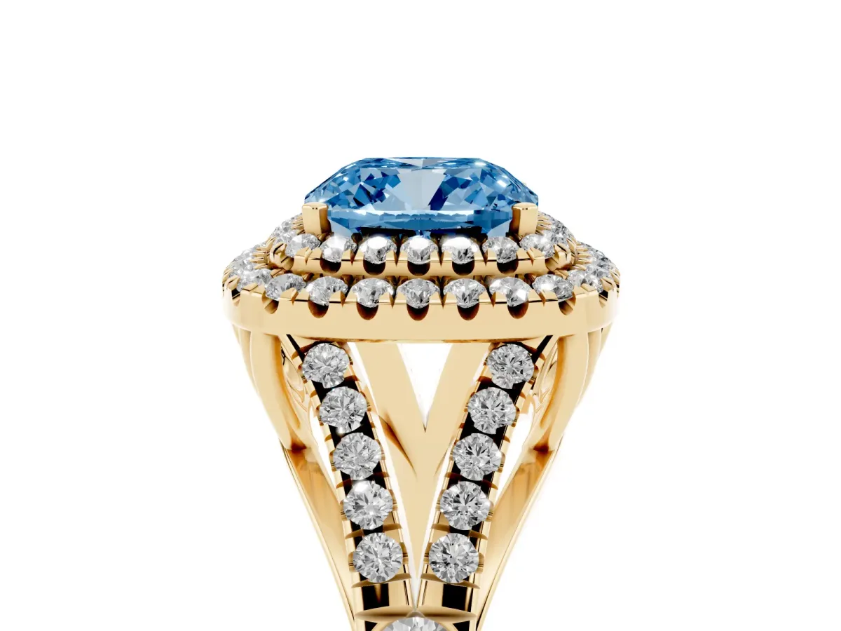 Fancy Blue Cushion Cut Diamond Pavé Split Shank Double Halo Engagement Ring Yellow gold