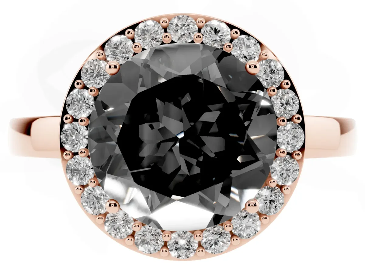 Fancy Black Round Cut Halo Diamond Ring with Solitaire Band and Prong Setting Rose gold
