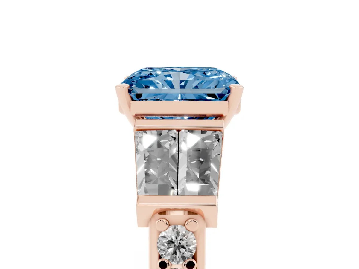 Fancy Blue Radiant Cut Diamond Engagement Ring with Baguette Side Stones and Channel Set Band Rose gold