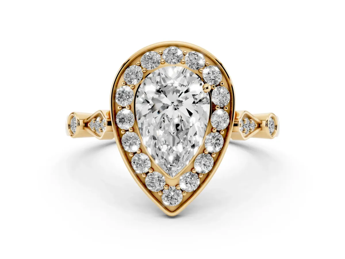 Pear Cut Halo Diamond Engagement Ring with Twisted Band and Four-Prong Setting Yellow gold