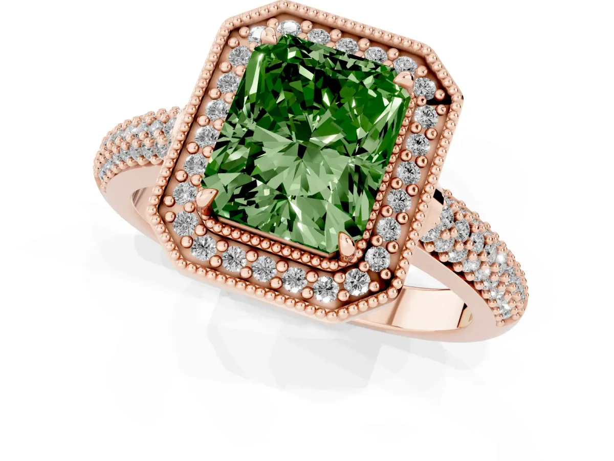 Fancy Green Radiant Cut Cut Halo Diamond Pave Band with Four-Prong Setting Rose gold