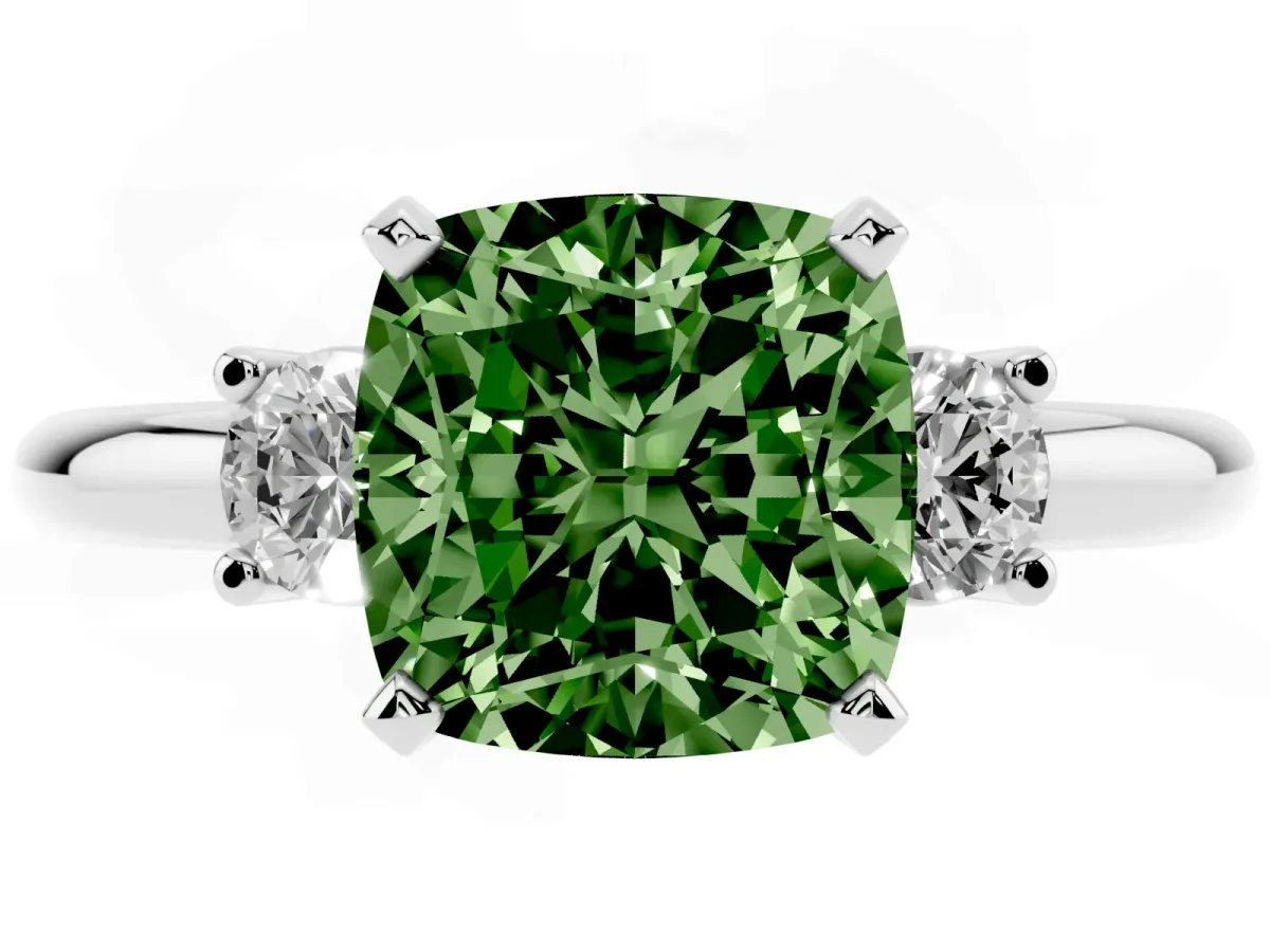 Fancy Green Three-Stone Cushion Cut Cut Diamond Solitaire with Prong Setting and Classic Band Silver