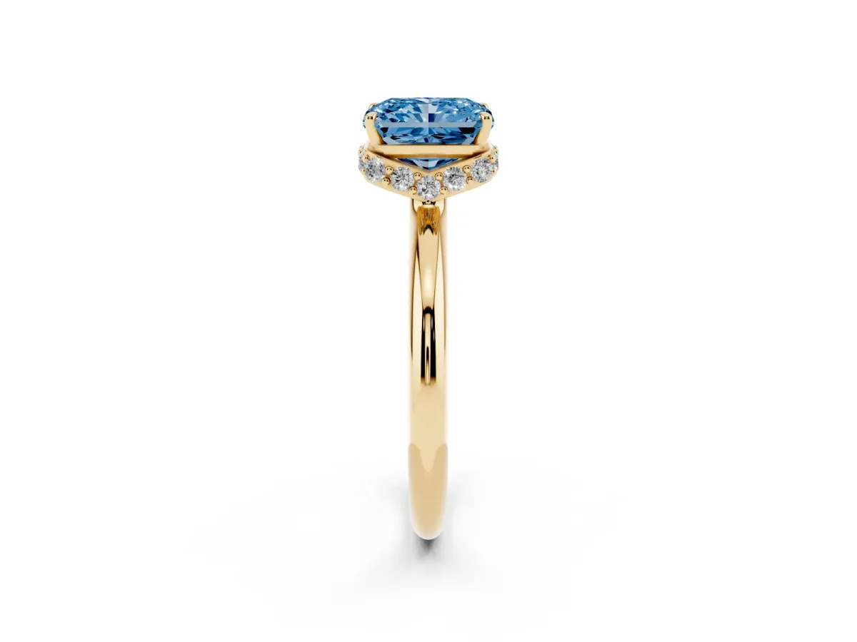 Fancy Blue Radiant Cut Brilliant Solitaire Engagement Ring with Six-Prong Setting and Classic Band Yellow gold