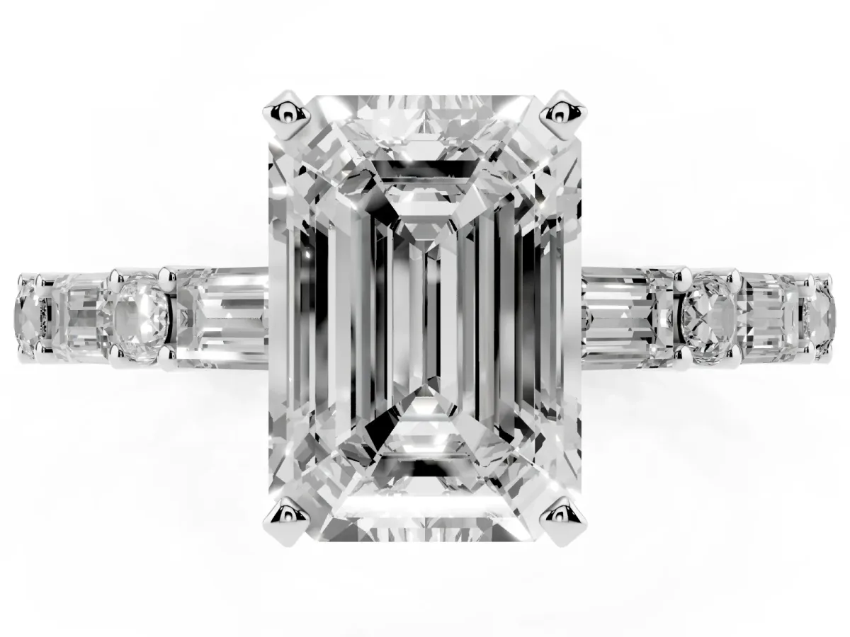 Emerald Cut Diamond Solitaire with Side Baguettes and Channel Set Band Silver