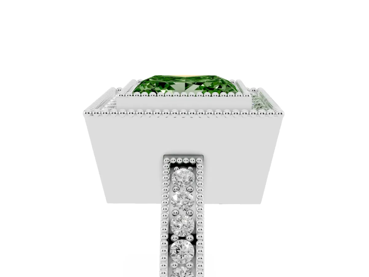 Fancy Green Princess Cut Cut Halo Diamond Ring with Pavé Band and Milgrain Prong Setting Platinum