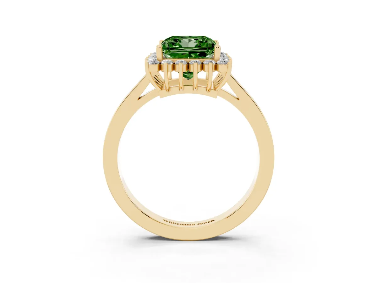 Fancy Green Princess Cut Cut Diamond Halo Ring with Round Brilliant Halo and Solitaire Band Yellow gold