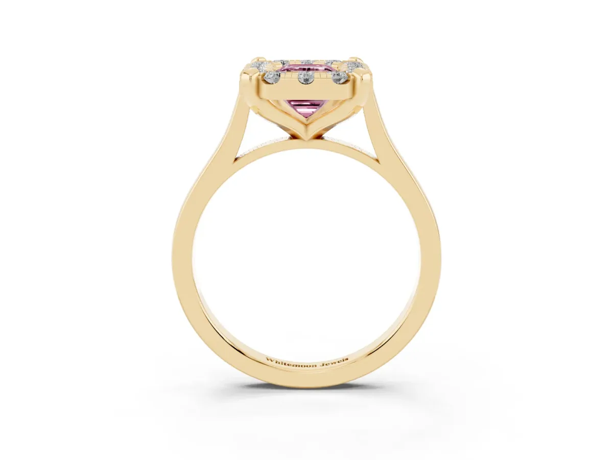 Fancy Pink Emerald Cut Diamond Cluster Halo Solitaire with Four-Prong Setting Yellow gold