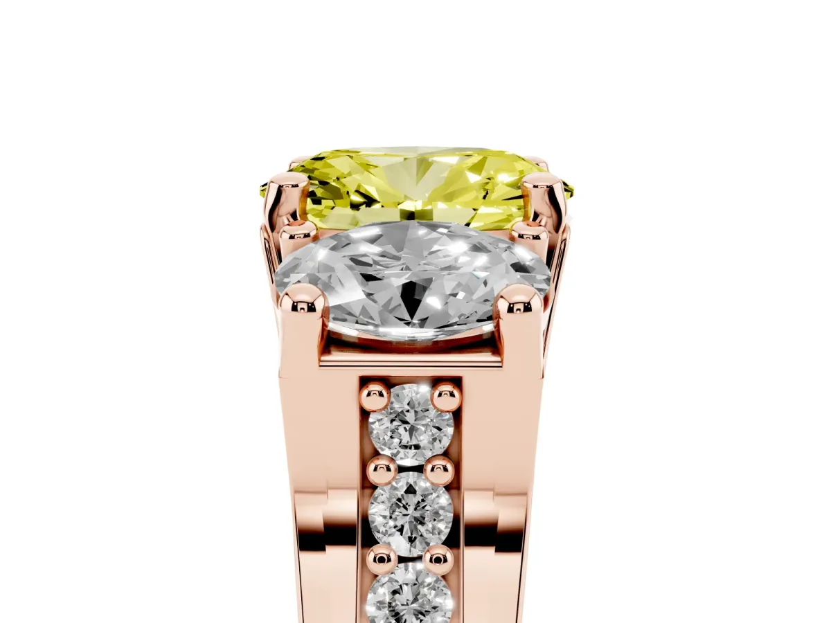 Fancy Yellow Oval Cut Diamond Three-Stone Ring with Channel Set Band and Four-Prong Setting Rose gold