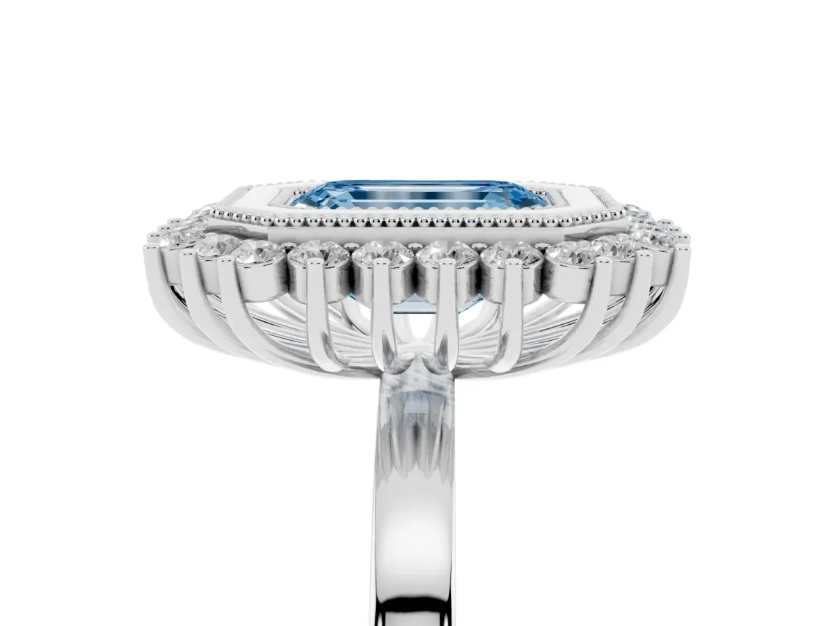 Fancy Blue Emerald Cut Halo Diamond Ring with Milgrain Edge and Round Prong Setting Platinum