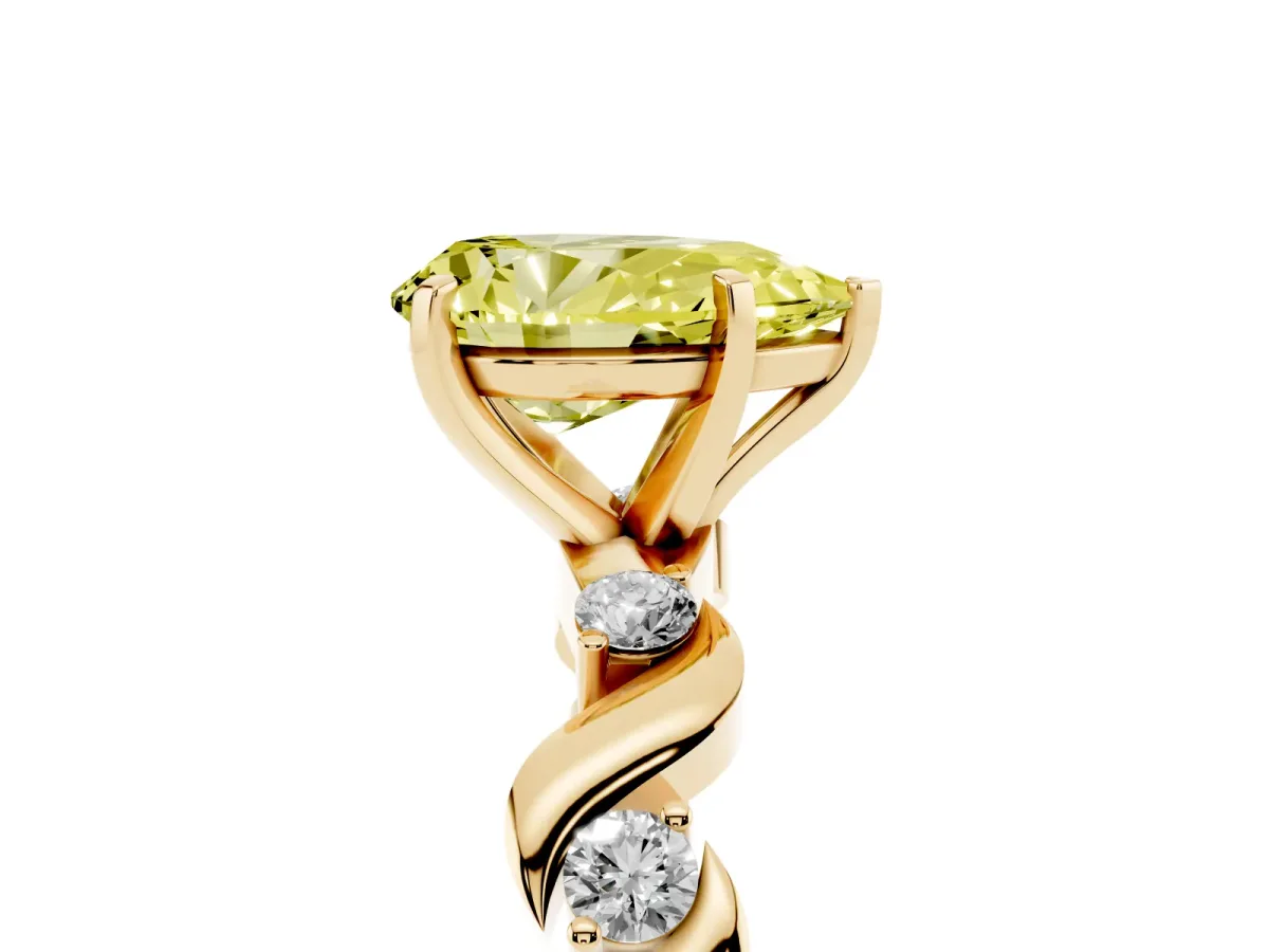 Fancy Yellow Pear Cut Diamond Solitaire Twisted Band with Round Accents and Prong Setting Yellow gold
