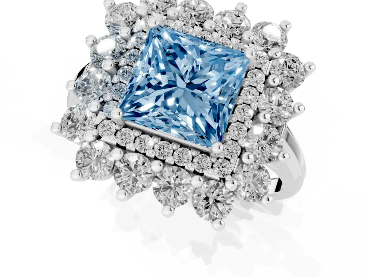 Fancy Blue Princess Cut Diamond Floral Double Halo Engagement Ring with Prong Setting Silver