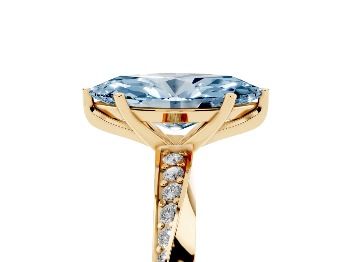 Fancy Blue Marquise Cut Diamond Engagement Ring with Side Stone Accents and Four-Prong Setting Yellow gold