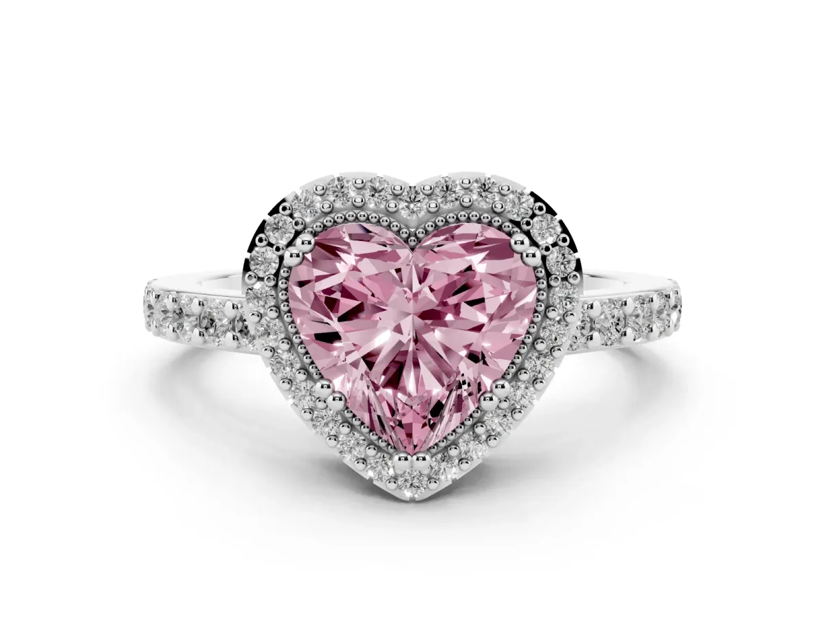 Fancy Pink Heart Cut Cut Diamond Halo Engagement Ring with Milgrain Detail and Pavé Band Silver