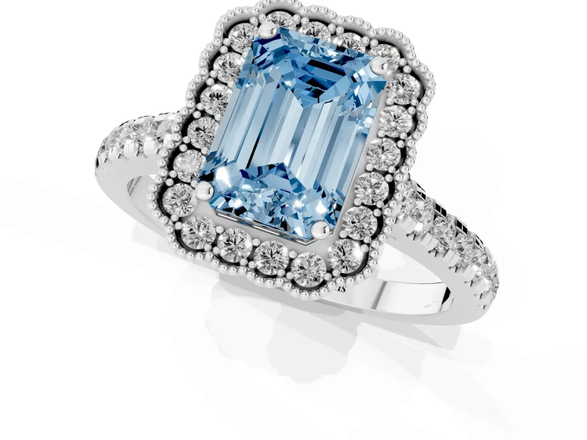 Fancy Blue Emerald Cut Cut Diamond Milgrain Floral Halo Engagement Ring with Pavé Band Silver