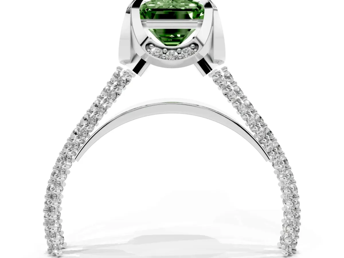 Fancy Green Emerald Cut Solitaire Pave Split Shank Ring with Four-Prong Setting Platinum