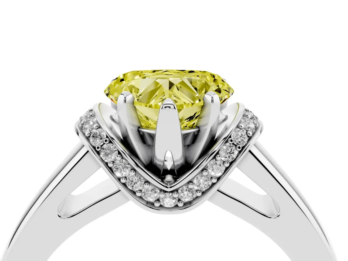 Fancy Yellow Heart Cut Solitaire Diamond Ring with Pave Band and Six-Prong Setting Platinum