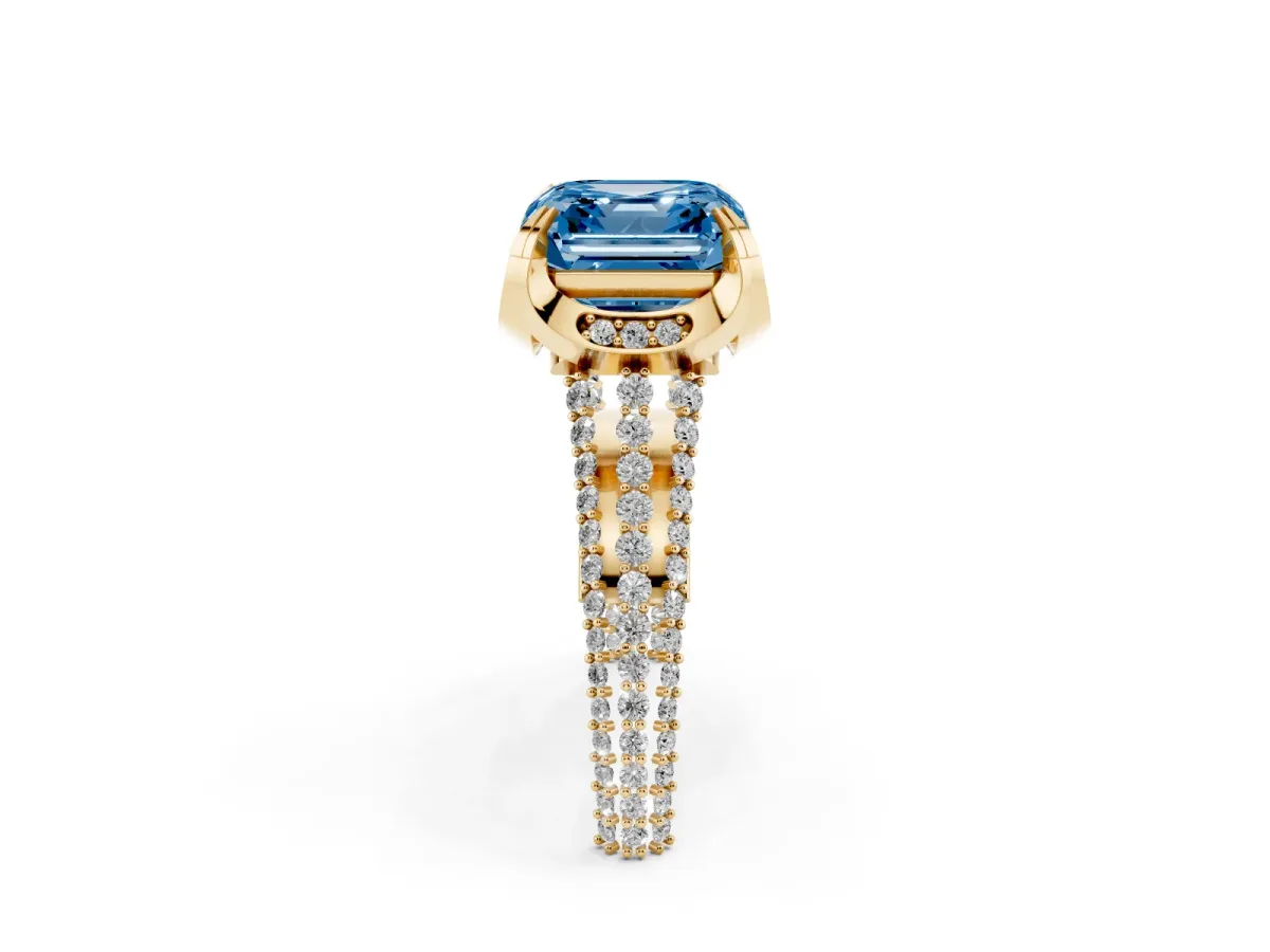 Fancy Blue Asscher Cut Solitaire Pave Split Shank Ring with Four-Prong Setting Yellow gold