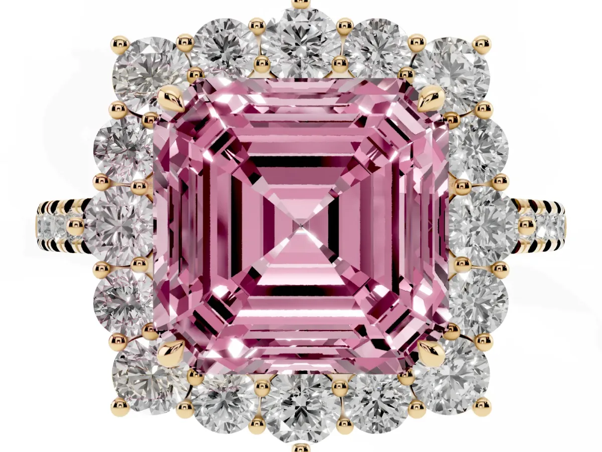 Fancy Pink Asscher Cut Halo Diamond Ring with Pavé Band and Prong Setting Yellow gold