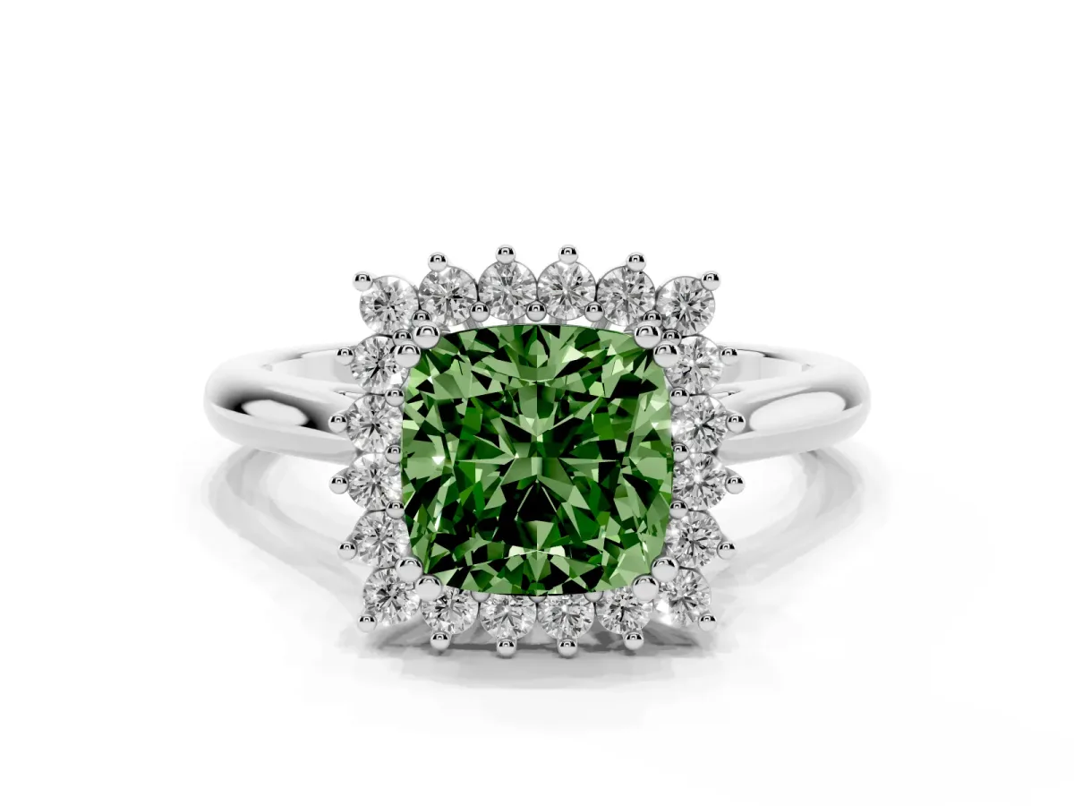Fancy Green Cushion Cut Cut Diamond Halo Ring with Solitaire Band and Prong Setting Silver
